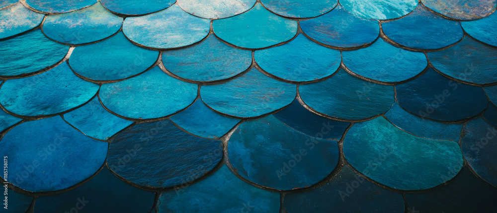 Aufkleber elegant fish scale tile pattern with textured curved lines in rich blue tones