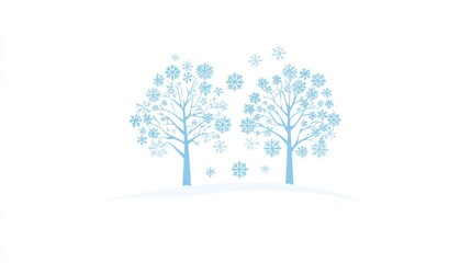 Snowy trees winter scene, snowflakes falling, white background, holiday card