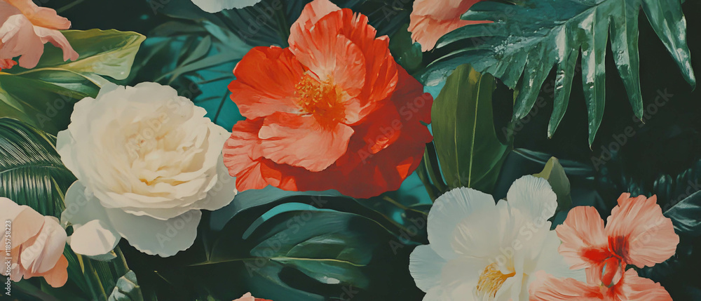Poster floral decoupage with vibrant colors and layered textures in eclectic design style