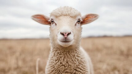 Obraz premium Close-up of a fluffy white lamb in a field.