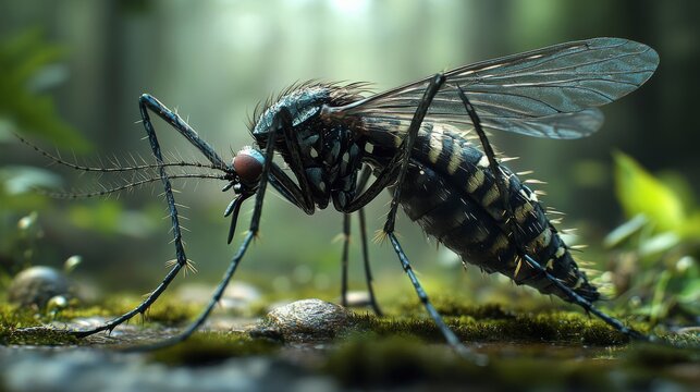 Close-up of a mosquito perched on an arm, highlighting its complex body structure and potential for disease transmission.