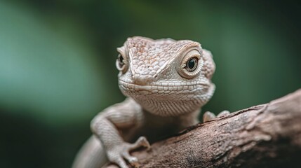 Close-up of a small, light-colored lizard perched on a tree branch, looking directly at the camera.