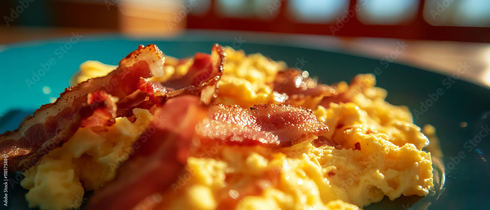 Poster fluffy scrambled eggs with crispy bacon bits making a delicious breakfast delight