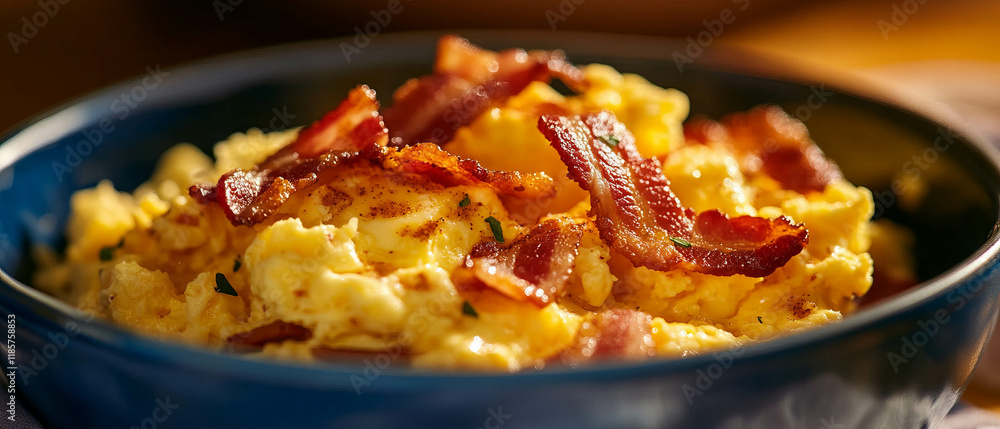 Poster Scrumptious fluffy scrambled eggs topped with crispy bacon bits for a hearty breakfast