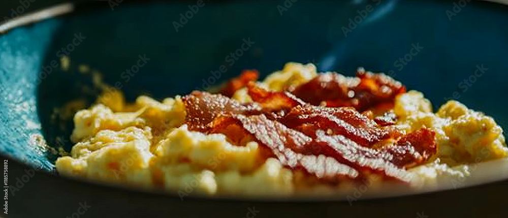 Poster fluffy scrambled eggs topped with crispy bacon bits for a delightful breakfast experience