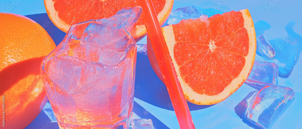 Poster Refreshing grapefruit juice served with ice in a vibrant summer setting