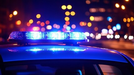 Blue light flasher atop of a police car. City lights on the background.