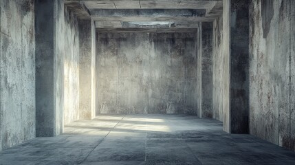 Obraz premium stock photo features a realistic 3D rendering of an old stone building room with concrete elements, textured walls, and an architectural design, creating a unique and atmospheric interior space