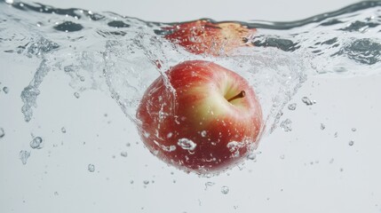 A fresh apple falling into clear water, creating a splash with water droplets flying around, set against a clean white background.