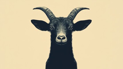 Close-up portrait of a black goat with curved horns against a pale background.