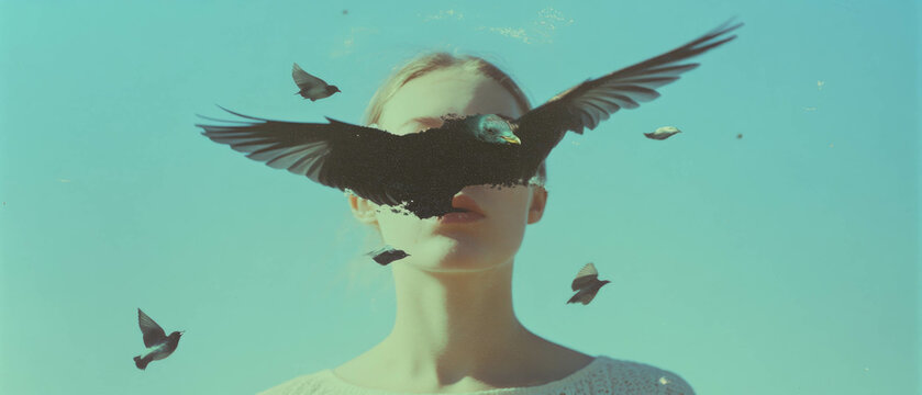 Funny collage of a woman with a bird head, blending human and avian elements in a whimsical way