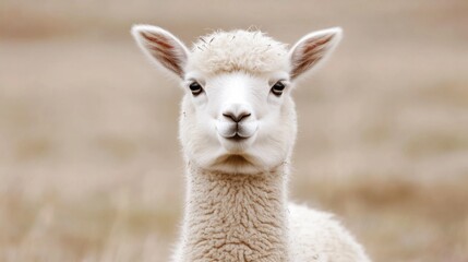 Fototapeta premium Close-up portrait of a fluffy white alpaca staring directly at the camera.