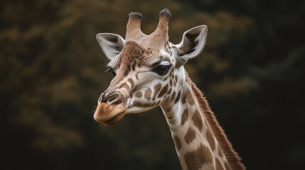 Fototapeta premium Close-up portrait of a giraffe's head and neck against a blurred background.