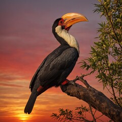Fototapeta premium A hornbill perched on a branch against a vibrant red and gold sunrise.