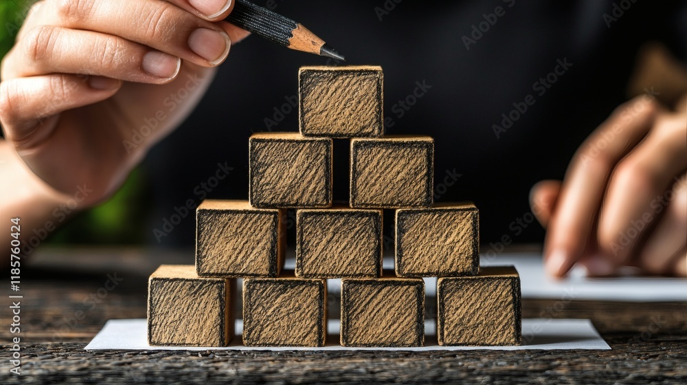 Poster Hands sketching a goal pyramid with priority levels on paper Stock Photo with side copy space.