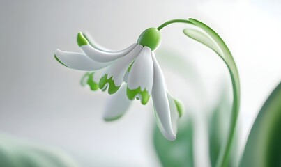 Obraz premium Close-up of a single delicate snowdrop flower with green accents, gently drooping.