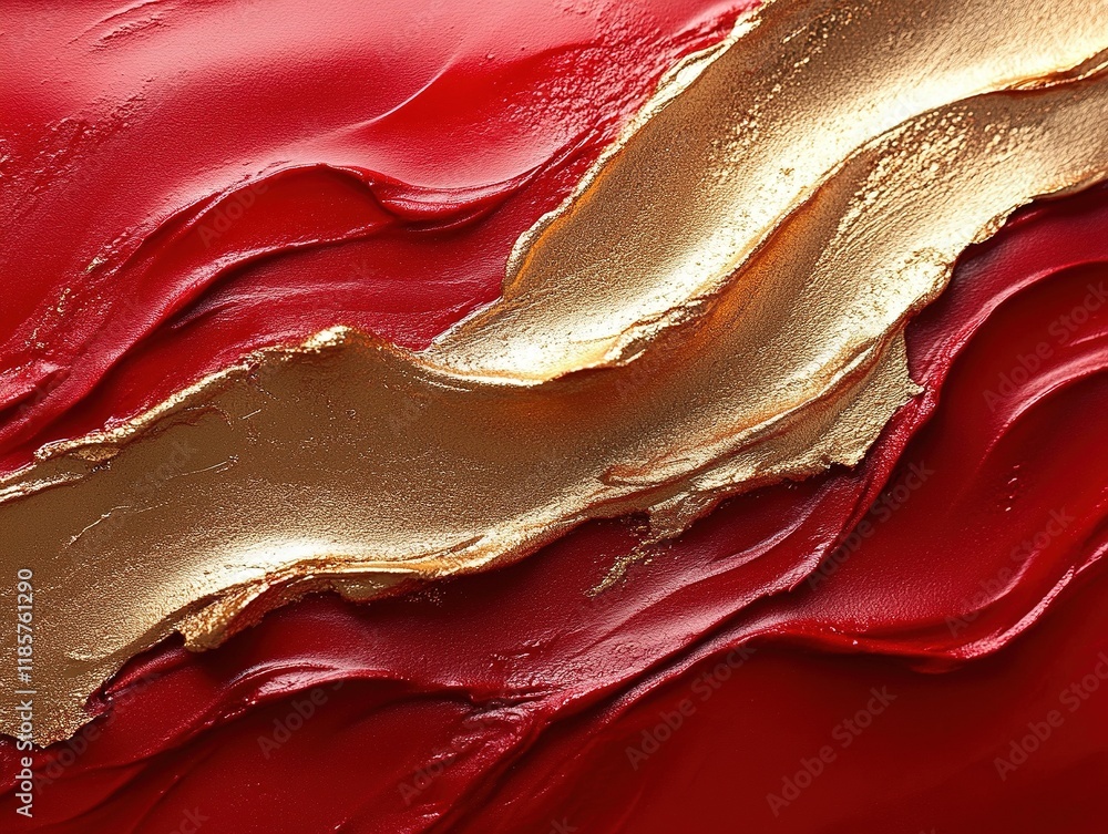 Poster red and gold paint abstract with layers and waves for backdrop