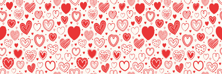 Seamless pattern with hand drawn hearts. Background with elements in cartoon style. Doodles. Design for Valentine’s Day, Mother’s Day and Women’s Day. Vector illustration