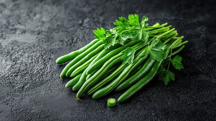 Fresh Green Beans and Parsley on Dark Background