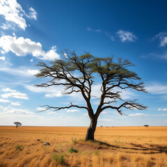 Fototapeta premium Beautiful shot of a tree in the savanna plains with the blue sky
