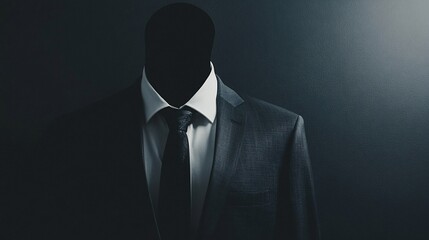 A faceless mannequin in a suit against a dark background.