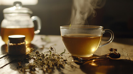 A delicate glass cup of herbal tea with steam rising, placed next to a small jar of honey and a teaspoon. Dried herbs are scattered on a wooden table. Soft, natural lighting enhances the scene.
