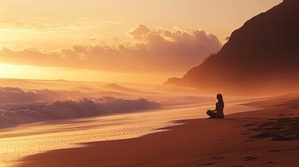 Obraz premium Serene Sunset Meditation: Woman Silhouetted on Golden Beach