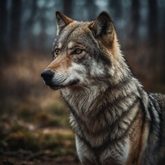 Obraz premium A brave wolf standing tall with determination in its eyes.