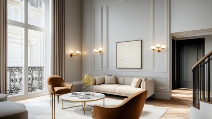 Fototapeta premium Elegant luxury living room with warm taupe tones and richly designed decor, creating a cozy, inviting atmosphere.