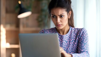 Fototapeta premium Concerned indian woman look at laptop frustrated about computer problem