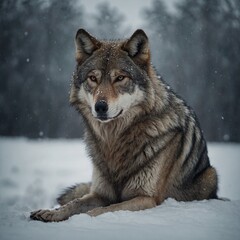 Fototapeta premium A wolf with a sorrowful expression, sitting alone in the snow.