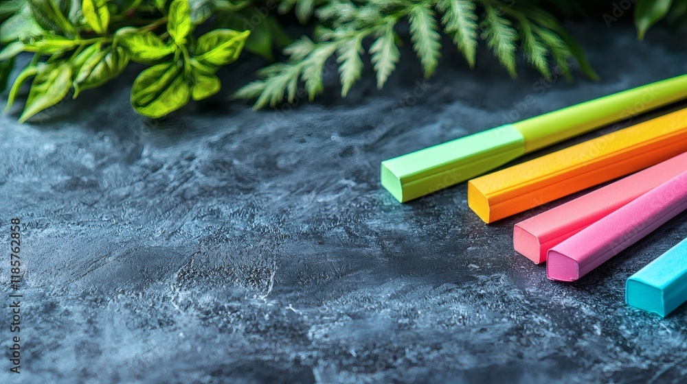 Aufkleber Time management tools like sticky notes and highlighters used for effective planning Stock Photo with side copy space.