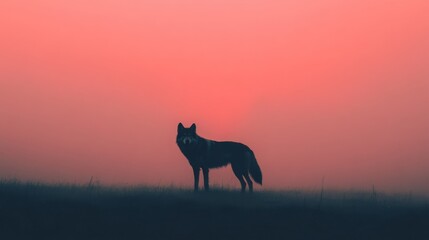 Lone wolf silhouetted against a vibrant pink sunset sky.