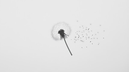 A single dandelion puff in the wind with tiny seeds floating gracefully through the air, displayed on a pristine white background.