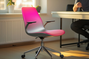 Modern Office Chair with Pink Gradient Design in a Sunlit Workspace. Ai generative