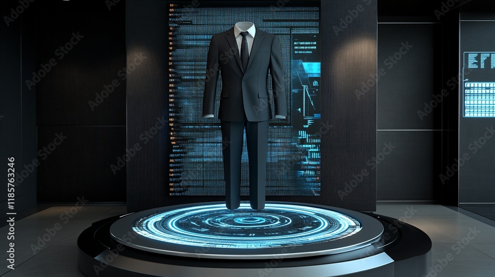 Aufkleber a futuristic display featuring a suit on a circular platform with digital elements.