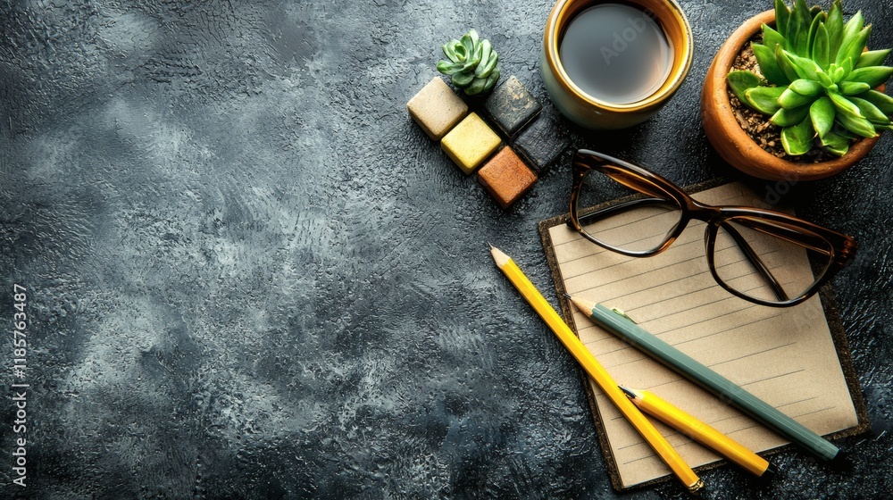 Poster Minimalist workspace emphasizing effective time management strategies Stock Photo with side copy space.
