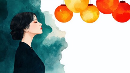 A serene woman in profile gazes at glowing lanterns, embodying tranquility and cultural beauty against a soft watercolor backdrop.
