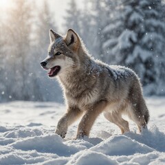 A happy wolf cub playing in the snow on a white background.
