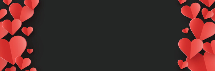 Background with flying paper cut hearts. Abstract banner for Valentine’s Day, Mother’s Day and Women’s Day. Vector illustration