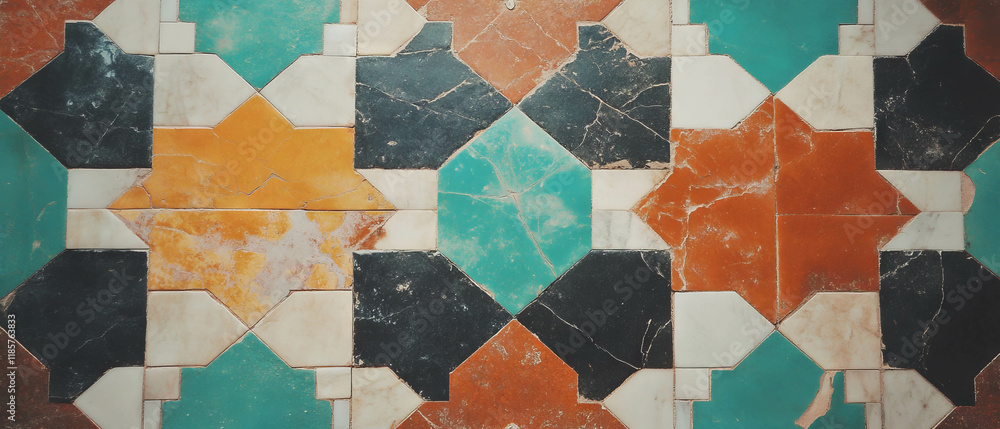 Poster mosaic tile geometric pattern showcasing colorful intricate designs and decorative elements