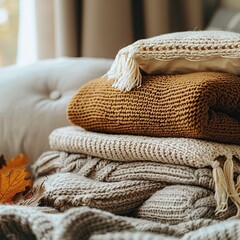 Stacked cozy knitted sweaters and pillows on couch.