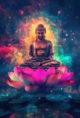 A Buddha sitting on a lotus flower with colorful lights