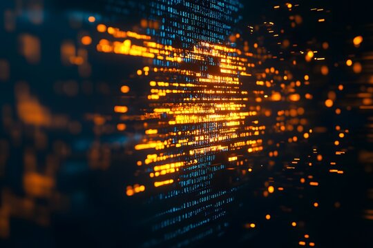 Digital code streams, glowing, dark background, data flow, tech concept