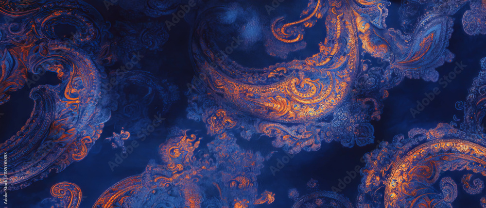 Poster intricate paisley pattern in deep blue and gold hues creating a decorative backdrop