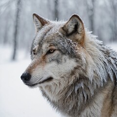 A wolf with frost-covered fur on a pure white backdrop.
