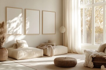 Fototapeta premium Minimalist living room with beige seating, blank frames, and natural light.