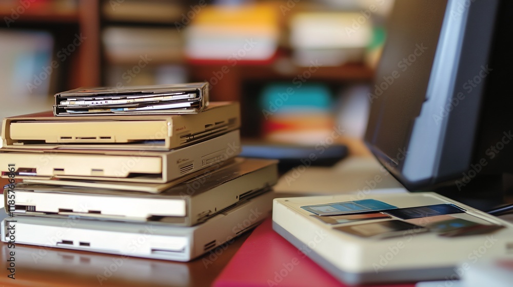 Poster stack of vintage floppy disks and data storage media