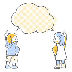 笑顔で指差す女の子と男の子　シンプルでカワイイ線画イラスト