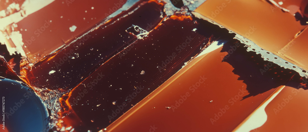 Aufkleber old film surface showing chemical stains and discolored marks from deterioration over time